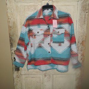 AME BELLE Womens Aztec Print Shacket Vintage Fringed Shirt Size M (Clear Bin)